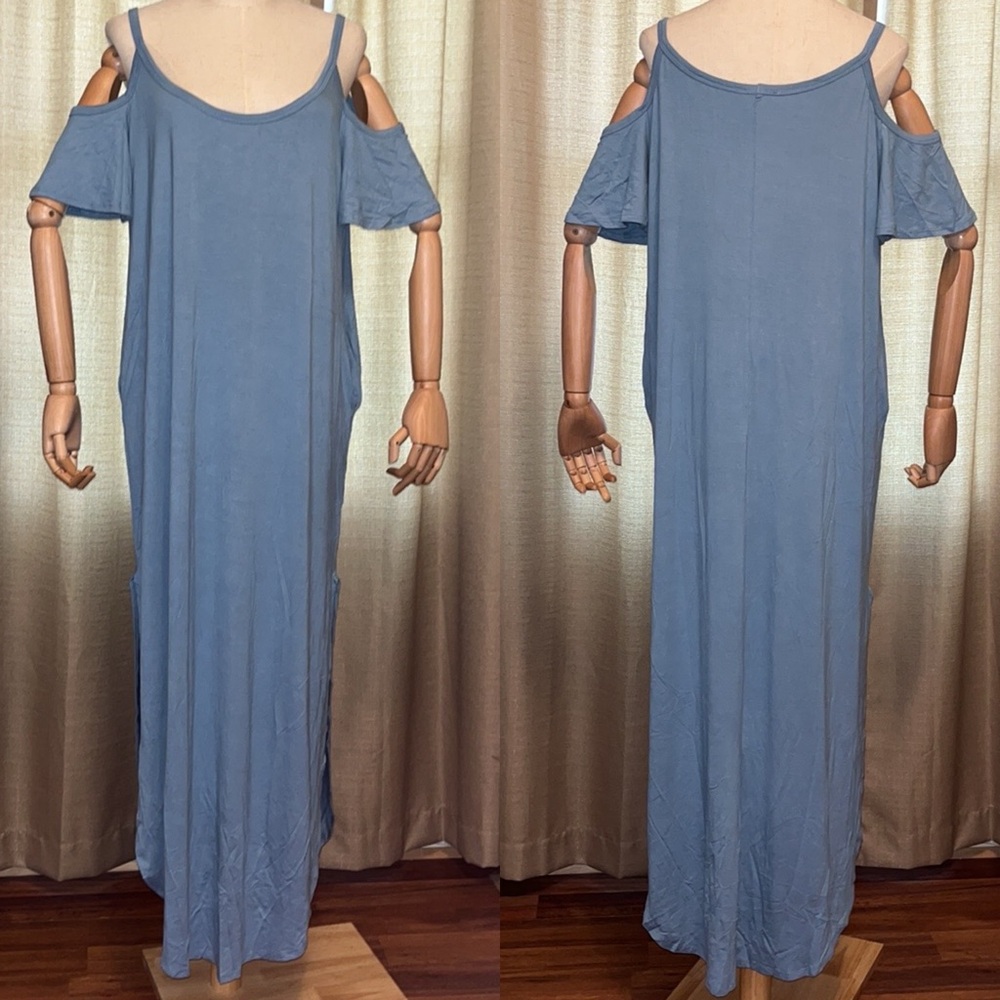 Sweet Lovely by Jen Blue Cold Shoulder Maxi Dress with Pockets Womens Size Large